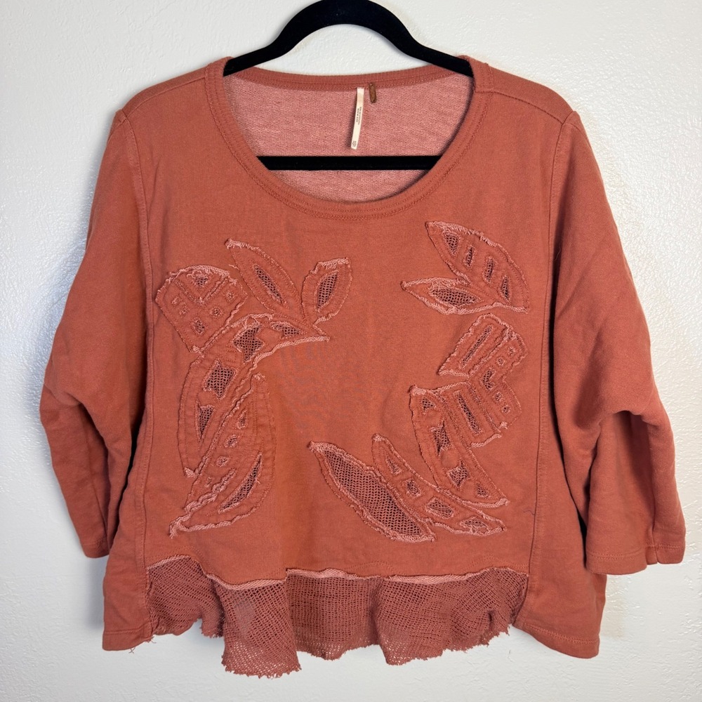 Free People Womens XS Rust Mesh Back Floral Applique Oversized Sweatshirt Boxy